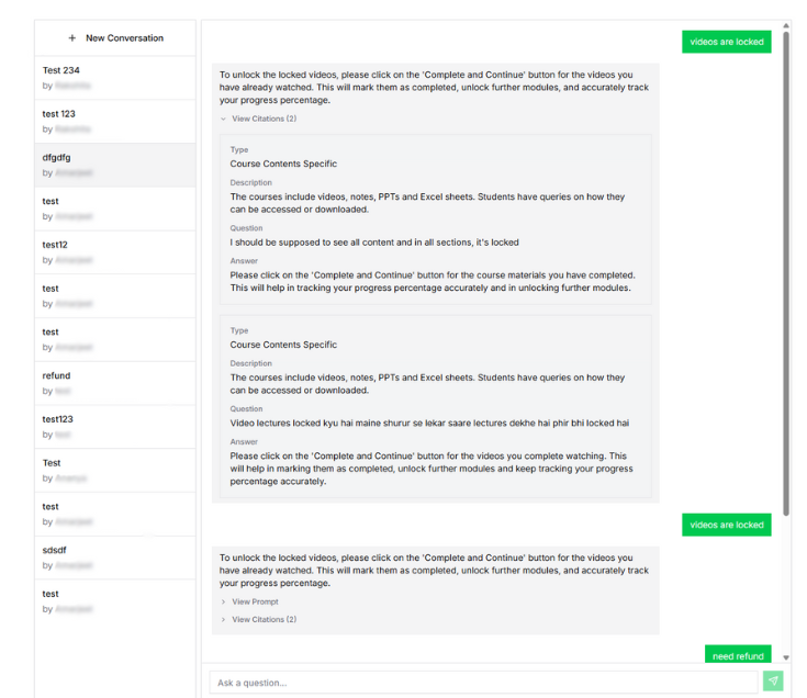 Bot testing interface with conversation history and response analysis