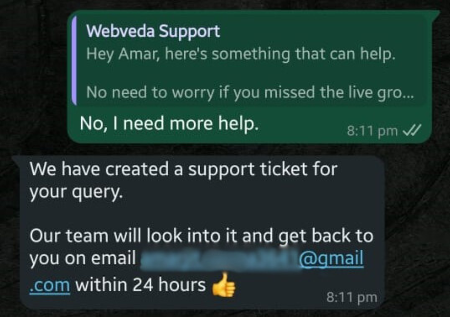 User selecting need more help option