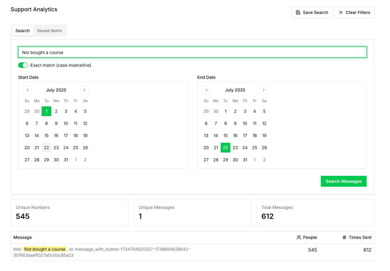 WhatsApp Analytics Dashboard with message grouping, user tracking, search, and filtering