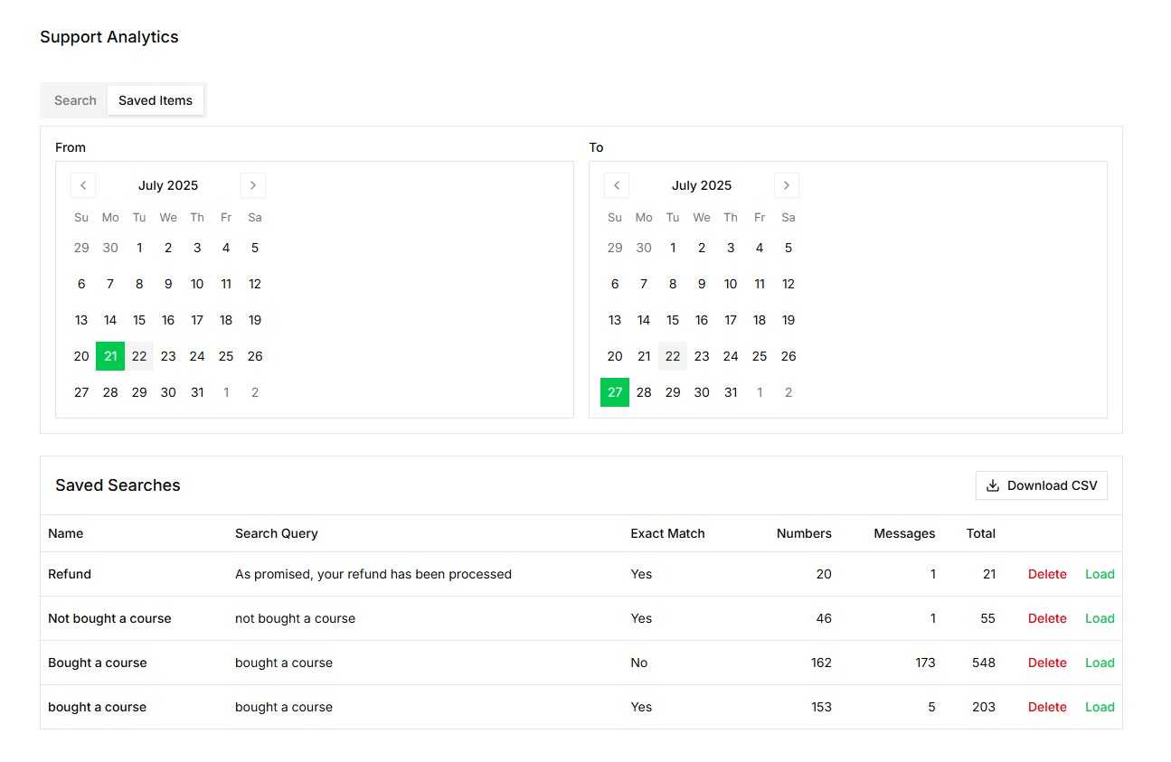 Saved searches management and CSV export functionality
